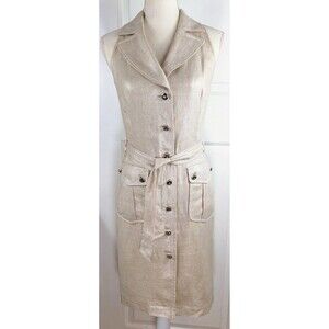 Escada Natural Silver Metallic Button Front Linen Shirt Dress Eu 34 / US XS‎
